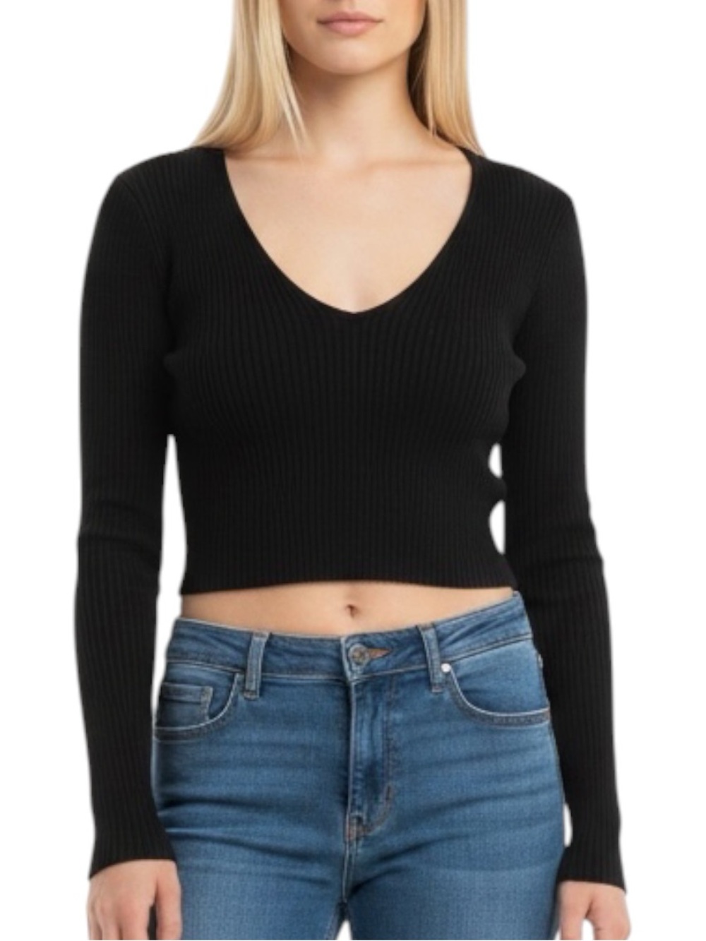 🔃Missguided Black Plunge Knitted Long Sleeve Crop Top